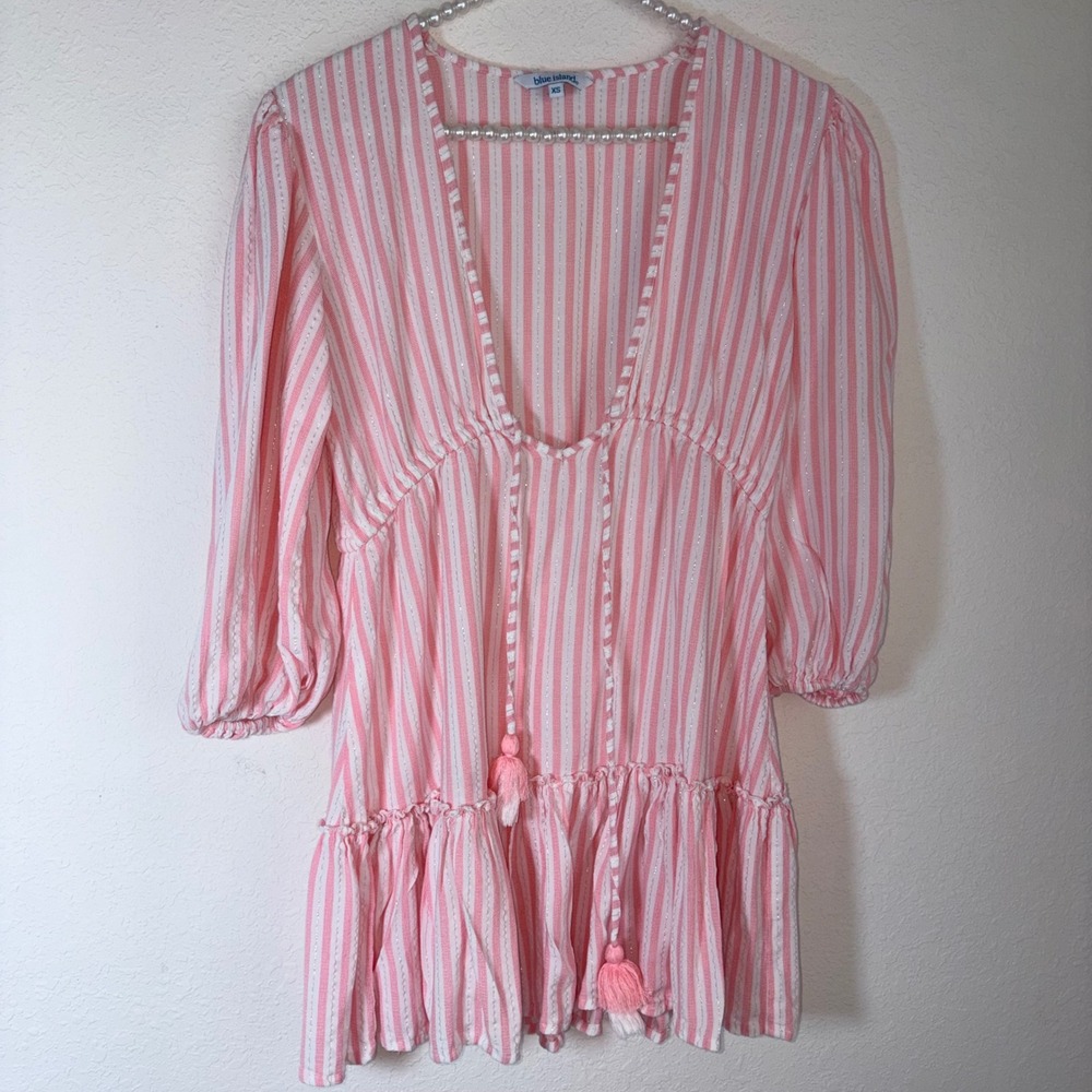 Blue Island Mini Dress XS Pink White Excellent Striped Tassel Boho Metallic